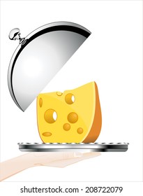 Woman's hand holding silver platter with Cheese