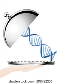 Woman's hand holding silver platter with DNA