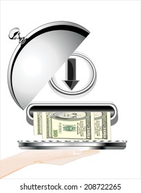 Woman's hand holding silver platter with get money