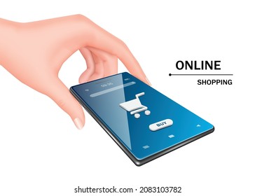 A woman's hand holding a smartphone with a blue screen and a white shopping cart icon embossed for delivery and online shopping concept,vector 3d isolated on white background for advertising design