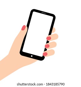 Woman's hand holding smartphone. Empty phone screen. template. Right hand isolated on white. Flat vector illustration.