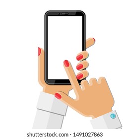 Woman's hand holding smartphone. Flat vector illustration.
