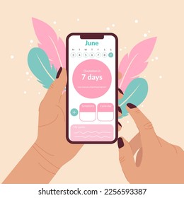 Woman's hand holding smartphone to keep track of menstruation cycles. Girl monitoring ovulation and period by tracking app on smartphone screen.Woman health care concept. Flat vector illustration.