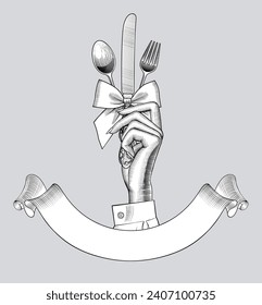 Woman's hand holding spoon, fork and table knife with a bow tied and a retro ribbon banner. Vintage black and white stylized drawing. Vector illustration