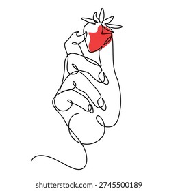 Woman's hand holding strawberry one line drawing. Woman's hand holding strawberry single line illustration. Woman's hand holding strawberry minimalist line art