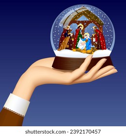 Mano de mujer sosteniendo un globo de nieve navideño con la escena de la Natividad de Cristo y Adoración de los Magos contra un fondo azul oscuro. Ilustración del vector