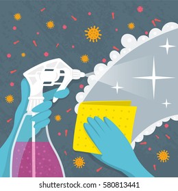 Woman's hand holding a yellow rag and cleaning from dirt, microbes, vector flat illustration