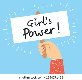 Woman's hand holds banner with Girl power. Vector concept and Woman motivational slogan. 