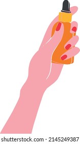 A woman's hand holds a bottle of moisturizing serum. Hand with red manicure and cosmetic product. Isolated vector illustration. isolated object. cosmetic product