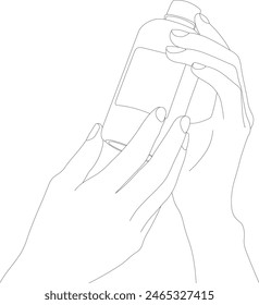 A woman's hand holds a bottle with shampoo or shower gel. Cosmetics for hair, body and facial skin care. Beauty product on a pink background with tropical leaves. Spa treatments. Woman