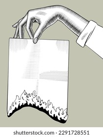 A woman's hand holds a burning paper sheet in her fingers. Vintage engraving stylized drawing. Vector illustration