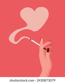 Woman's hand holds a cigarette icon symbol with love, heart sign or shape of smoke. Female vector with red nails in cartoon style. Lovely Valentine's day girl smoking logo.