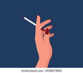 Woman's hand holds a cigarette icon symbol. Female vector with red nails in cartoon style. Comic girl smoking logo.