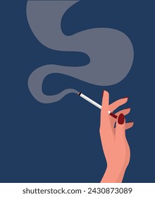 Woman's hand holds a cigarette icon symbol. Female vector with red nails in cartoon style. Comic girl smoking logo.