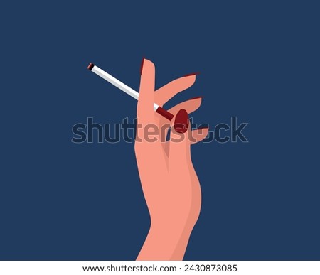 Woman's hand holds a cigarette icon symbol. Female vector with red nails in cartoon style. Comic girl smoking logo.