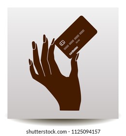  woman's  hand holds the credit card icon on a realistic paper background with shadow. Vector illustration. Image for adverting in the financial and the bank sphere.
