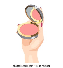 A woman's hand holds face powder  blush foundation white background  Vector Face Cosmetic Makeup  Gold powder for the beauty girls  Cosmetic powder  round mirror   brush 