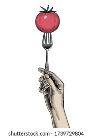 La mano de una mujer sujeta un tenedor con un tomate. El grabado antiguo está estilizado como un dibujo. Ilustración del vector