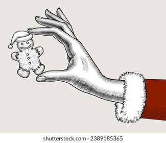 A woman's hand holds a gingerbread Christmas cookie in her fingers. Vintage engraving stylized drawing. Vector illustration
