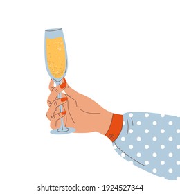 Die Hand einer Frau hält ein Glas Champagner. Seitenansicht. Eine Illustration zum Thema Urlaub in einem flachen Stil. Alles Gute zum Internationalen Frauentag! Das Konzept eines Frauenurlaubs. Vektorgrafik.