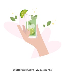 A woman's hand holds a glass of ice mojito. Refreshing drink in warm palms. Cocktail, glass of wine. Vector flat illustration .Mojito with mint leaves. Isolated on white background.