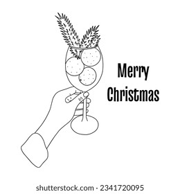 Womans hand holds glass with tangerines and spruce branches. Merry christmas text. Festive Christmas print. Black and white vector isolated illustration hand drawn