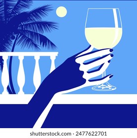 A woman's hand holds a glass of white wine or cocktail at a party. Minimalistic and flat color drawing. Vector illustration