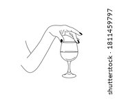 Woman's Hand Holds a glass of Wine in a minimalistic style . Vector Fashion Illustration of the female body in a trending linear style. Fine art for posters, tattoos, store and Bar logos