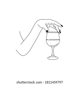 Woman's Hand Holds a glass of Wine in a minimalistic style . Vector Fashion Illustration of the female body in a trending linear style. Fine art for posters, tattoos, store and Bar logos