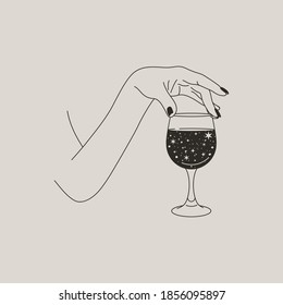 Woman's Hand Holds a glass of Wine Space Stars in a Minimal Style . Vector Fashion Illustration of the female body in a trending linear style. Fine art for posters, tattoos, store and Bar logos