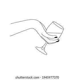 Mano de mujer sujeta un vaso de vino en un estilo minimalista . Moda vectorial Ilustración del cuerpo femenino