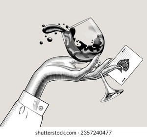 A woman's hand holds in her fingers a glass with splashes of wine and an ace of spades playing card. Black and white vintage engraving stylized drawing. Vector illustration