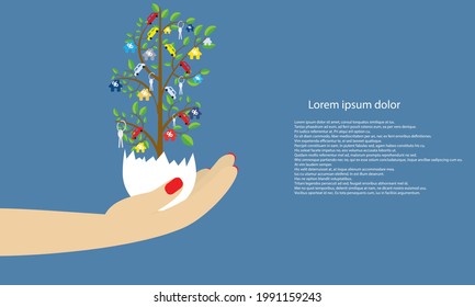 the woman's hand holds in her open palm a tree on which a house, a car and a percentage sign are located. low interest rates