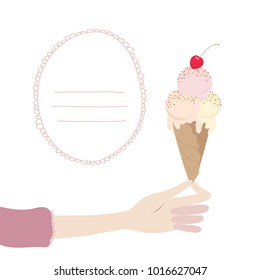 A womans hand holds an ice cream cone with cherry. Place for text with lace frame. Flat design vector illustration