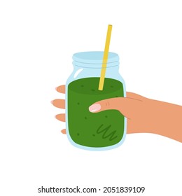 A woman's hand holds a jar of green smoothie. The concept of healthy food. Vector illustration isolated for design