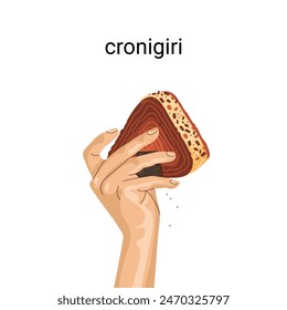 A woman's hand holds a kronigiri or an onigiri croissant. 