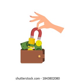 A woman's hand holds a magnet and pulls money out of the wallet. Concept: fraud, theft, extortion. Vector flat cartoon illustration isolated on white background, eps 10.
