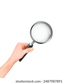 A woman's hand holds a magnifying glass. Vector illustration