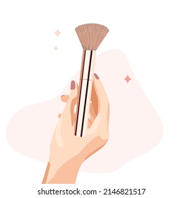 A woman's hand holds a makeup brush. Vector Illustration for makeup artists, beauty studio, cosmetics store.