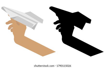 Woman's hand holds paper airplane and silhouette. Vector illustration