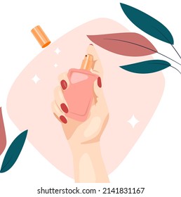 La mano de una mujer sostiene perfume, aerosol. Vector plano es adecuado para afiches de spa, salón de belleza, estudio de maquillaje, cosméticos publicitarios, tiendas