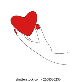 woman's hand holds the red heart. Outline colorful illustration
