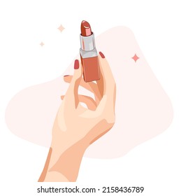 A woman's hand holds red lipstick on an isolated background. Make-up item, facial skin care. Vector illustration is suitable for Beauty salon, cosmetics store