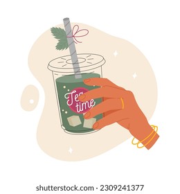 A womans hand holds a refreshing iced tea in a plastic glass with a straw. Summer sweet tea with mint. Japanese matcha tea. Vector stock illustration isolated on white background. 