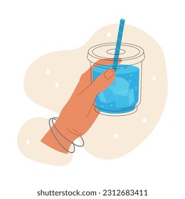 A womans hand holds a refreshing iced tea in a plastic glass with a straw. Summer refreshing cocktail with ice. Vector stock illustration isolated on white background. 
