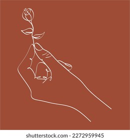 A woman's hand holds a rose in a linear style. A beautiful sketch for a tattoo and for various uses. Vector illustration of hands and rose flower isolated.

