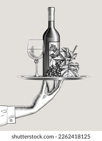 A woman's hand holds a round tray with a glass, a bottle of wine and a bunch of grapes. Black and white vintage engraving stylized drawing. Vector illustration