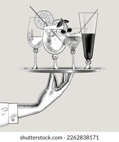 A woman's hand holds a round tray with wine glasses of different sizes and shapes with wines and cocktails. Black and white vintage engraving stylized drawing. Vector illustration