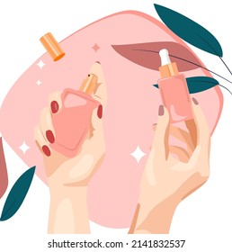 A woman's hand holds a set of cosmetics. A jar of cream and cosmetic serum, against a background with leaves. Vector flat pattern is suitable for spa posters, beauty salon, makeup studio, advertising 