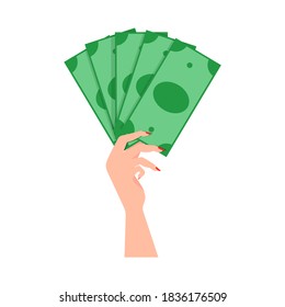 A woman's hand holds several dollar bills. Vector illustration, flat cartoon color design, isolated on white background, eps 10.
